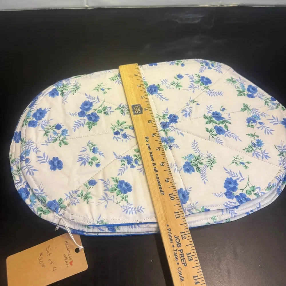 Handmade Quilted Placemats Set of 4 Blue Floral Reversible Oval Table Mats